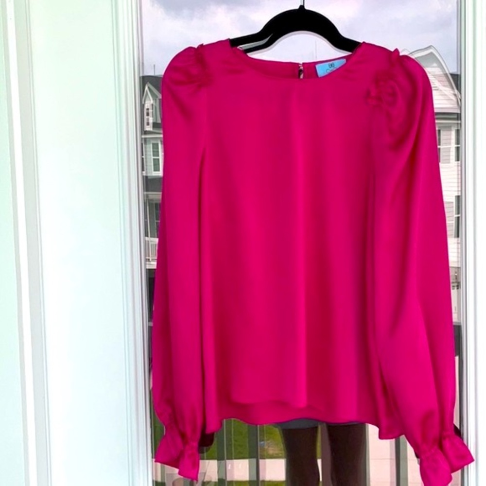 NWT CeCe Textured Satin Long Puff Sleeve Blouse Passion Pink